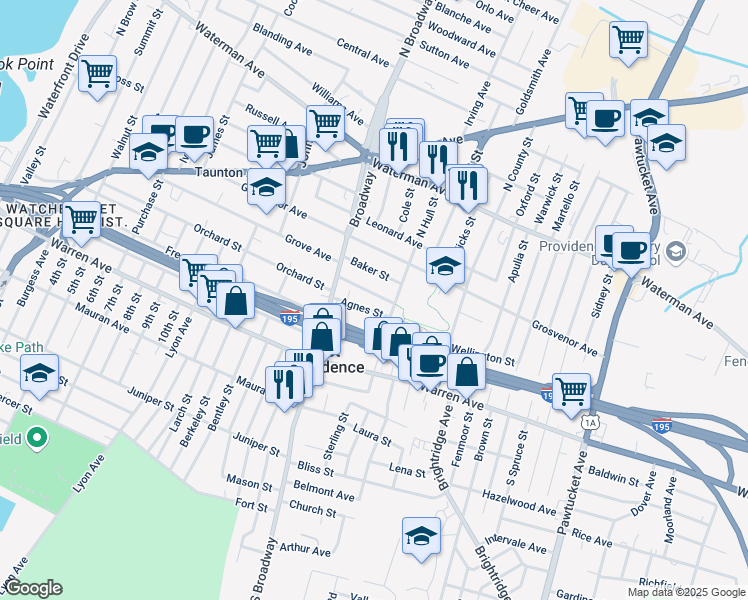 map of restaurants, bars, coffee shops, grocery stores, and more near 40 Agnes Street in East Providence