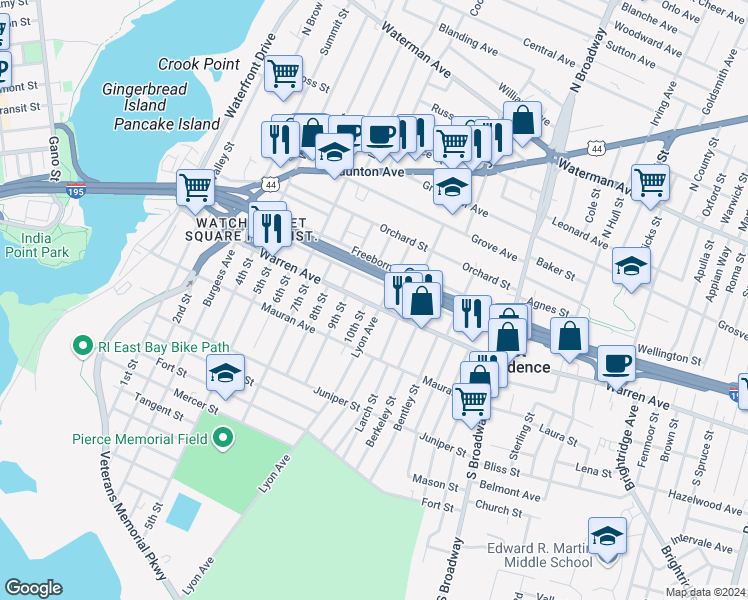 map of restaurants, bars, coffee shops, grocery stores, and more near 192 Warren Avenue in East Providence