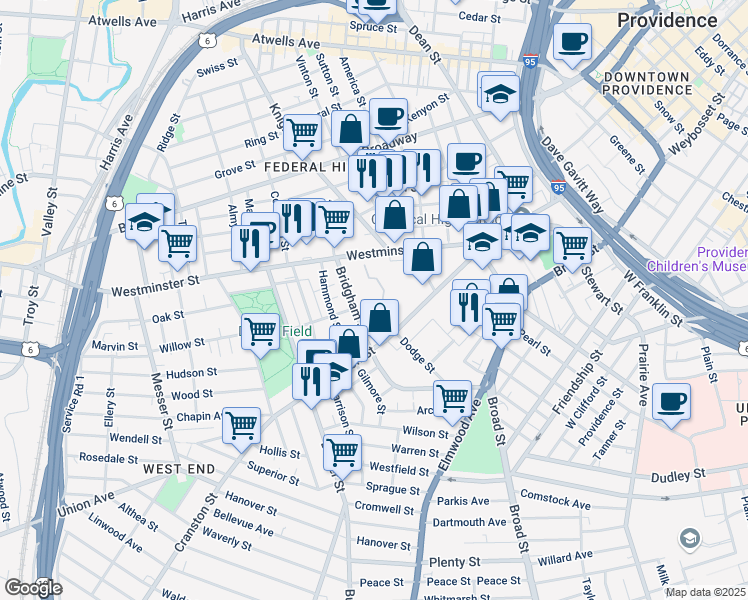 map of restaurants, bars, coffee shops, grocery stores, and more near 109 Bridgham Street in Providence