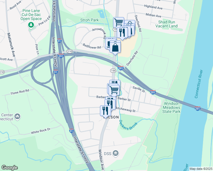 map of restaurants, bars, coffee shops, grocery stores, and more near 32 Allen Street in Windsor
