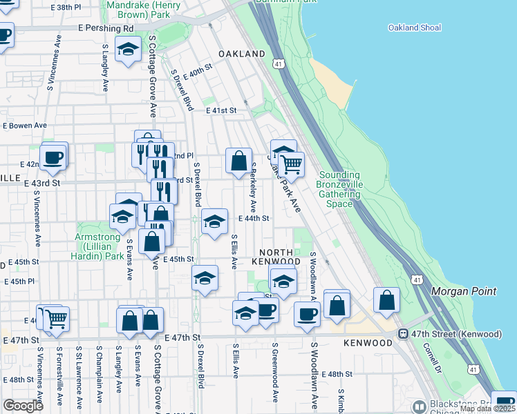 map of restaurants, bars, coffee shops, grocery stores, and more near 4344 South Greenwood Avenue in Chicago