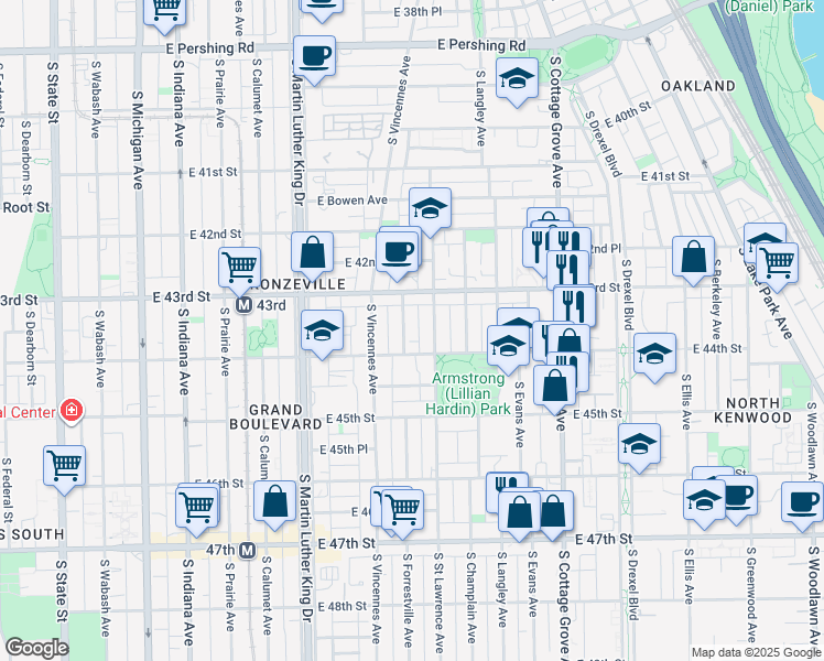 map of restaurants, bars, coffee shops, grocery stores, and more near 4340 South Saint Lawrence Avenue in Chicago