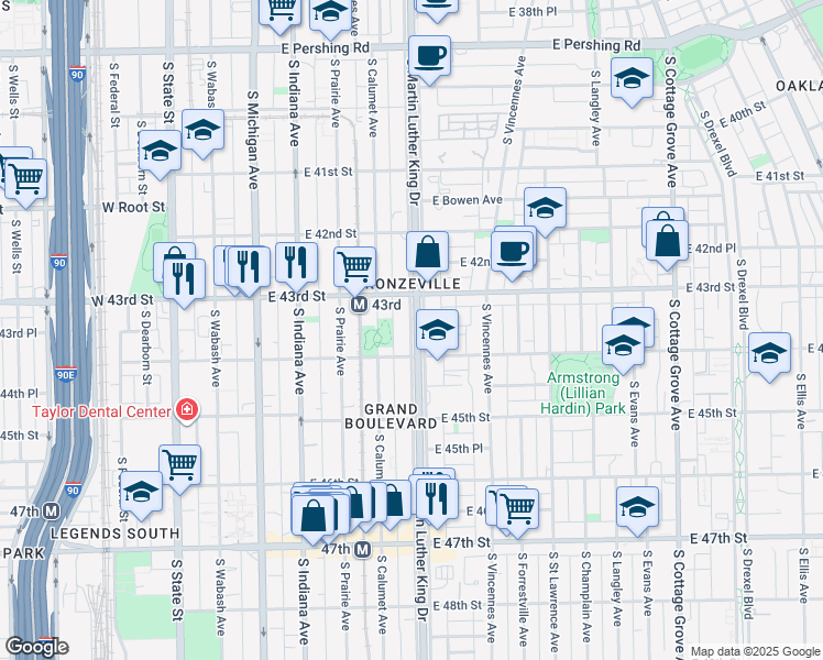 map of restaurants, bars, coffee shops, grocery stores, and more near 4331 South King Drive in Chicago