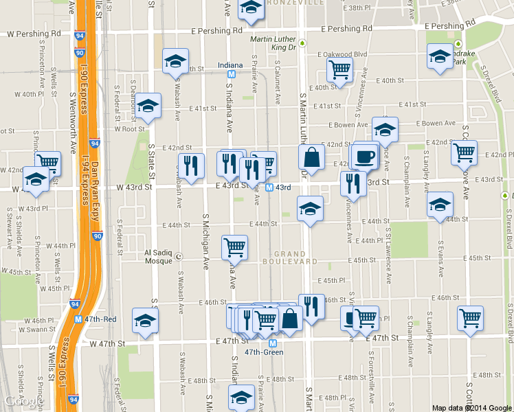 map of restaurants, bars, coffee shops, grocery stores, and more near 4341 South Prairie Avenue in Chicago