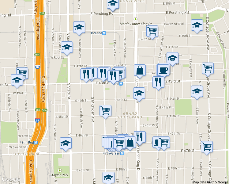 map of restaurants, bars, coffee shops, grocery stores, and more near 4341 South Prairie Avenue in Chicago