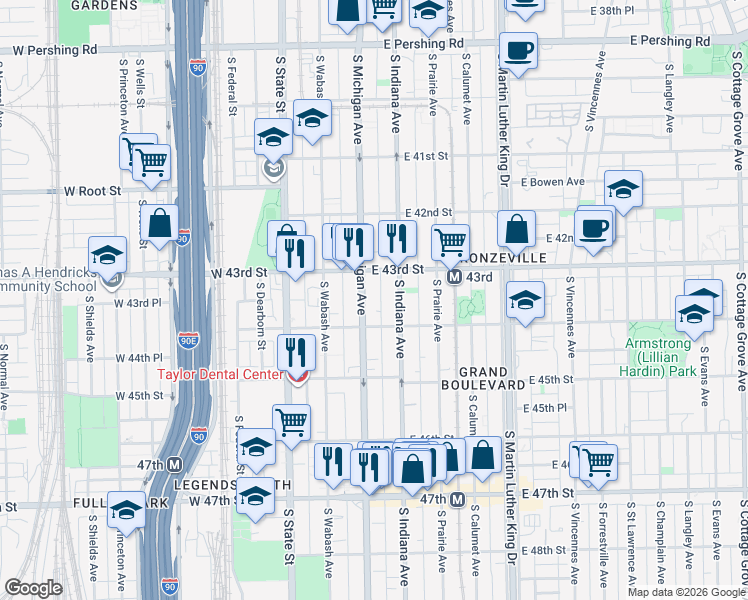 map of restaurants, bars, coffee shops, grocery stores, and more near 4337 South Michigan Avenue in Chicago