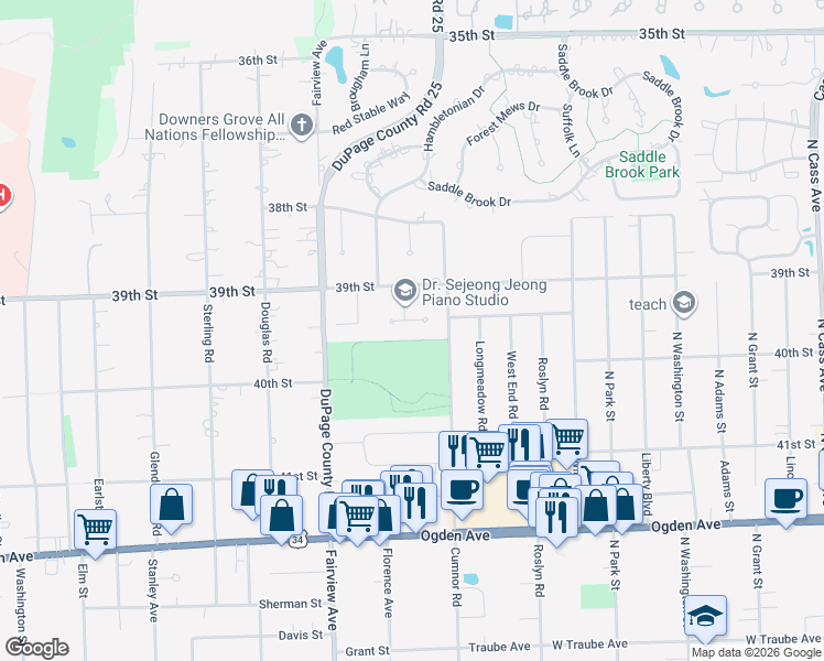 map of restaurants, bars, coffee shops, grocery stores, and more near 209 Herbert Street in Downers Grove