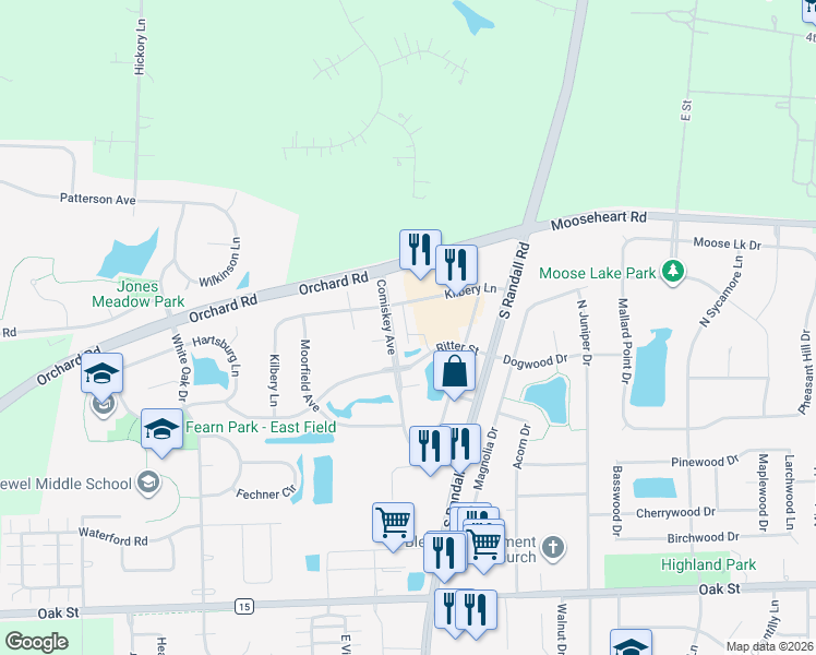 map of restaurants, bars, coffee shops, grocery stores, and more near 1263 Comiskey Avenue in North Aurora