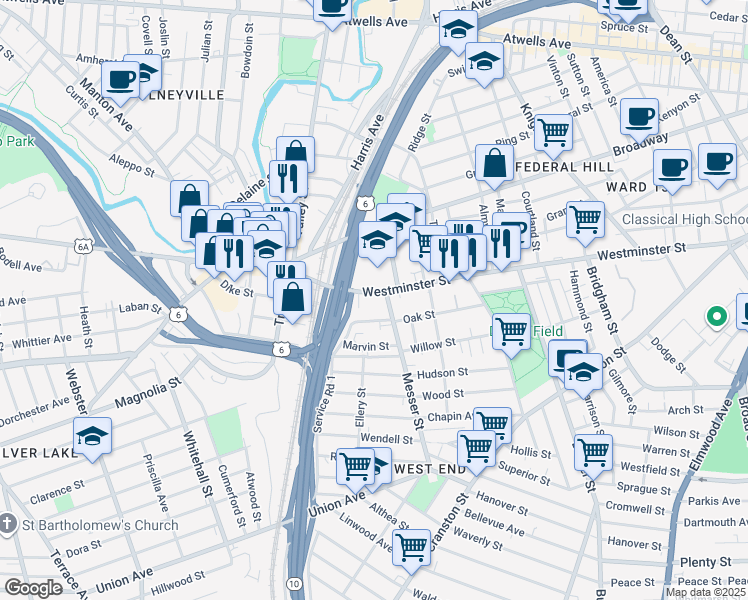 map of restaurants, bars, coffee shops, grocery stores, and more near 1654 Westminster Street in Providence