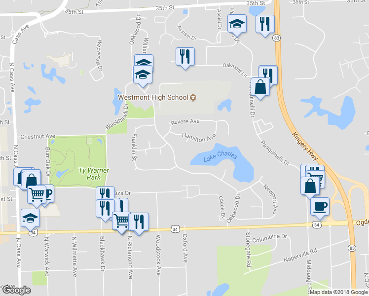 map of restaurants, bars, coffee shops, grocery stores, and more near 810 Hamilton Court in Westmont