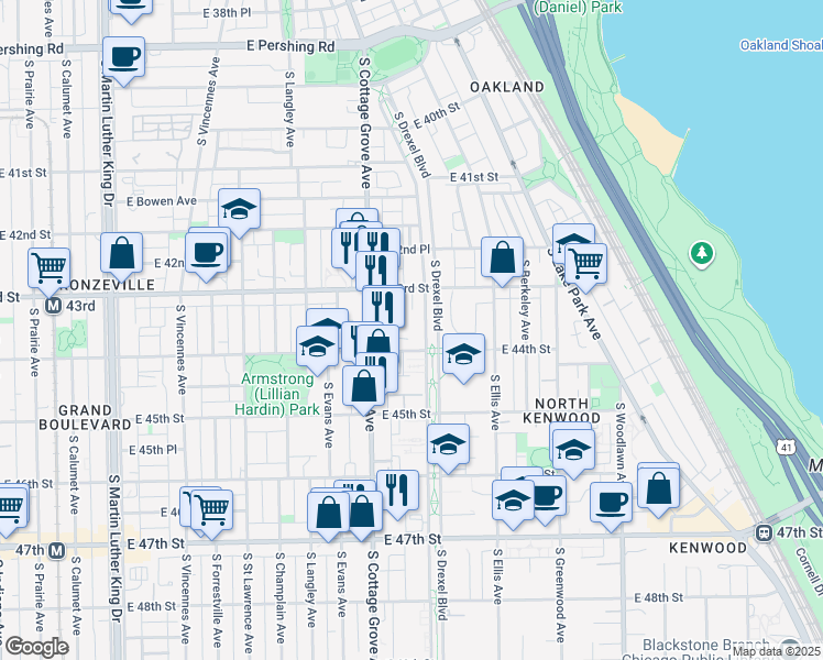 map of restaurants, bars, coffee shops, grocery stores, and more near 4344 South Drexel Boulevard in Chicago