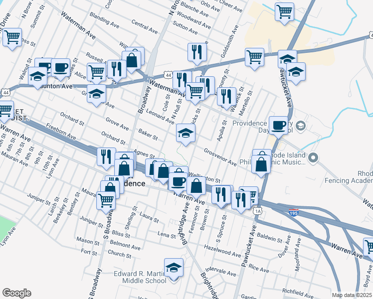 map of restaurants, bars, coffee shops, grocery stores, and more near 261 Grosvenor Avenue in East Providence