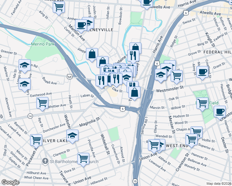 map of restaurants, bars, coffee shops, grocery stores, and more near 128 Dike Street in Providence
