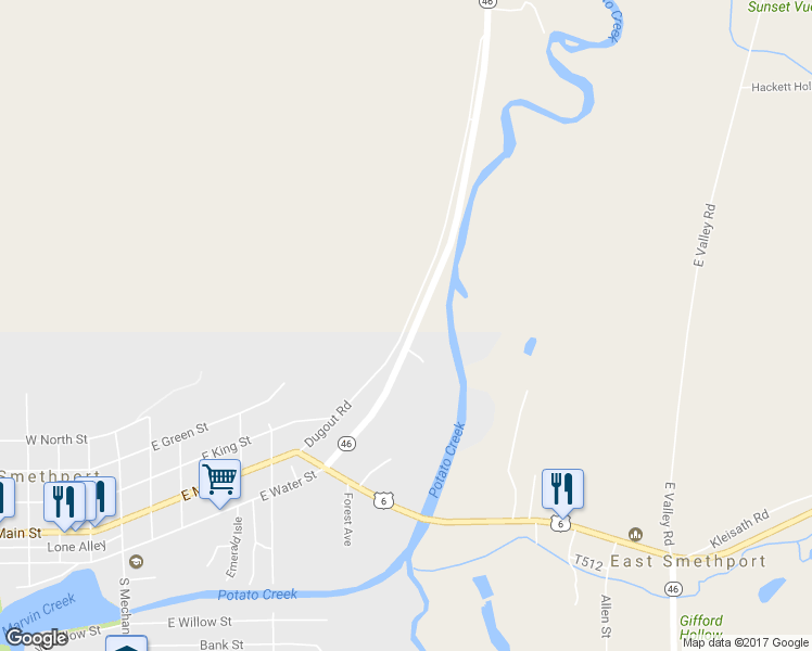 map of restaurants, bars, coffee shops, grocery stores, and more near East Main Street in Smethport