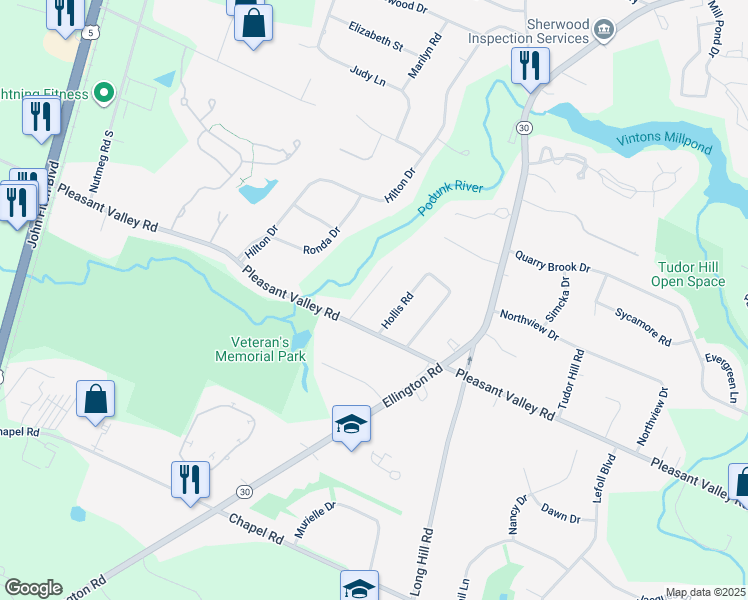 map of restaurants, bars, coffee shops, grocery stores, and more near 20 Woodside Drive in South Windsor