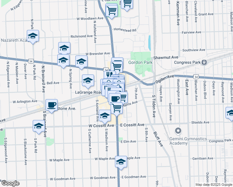 map of restaurants, bars, coffee shops, grocery stores, and more near 8 S La Grange Rd in La Grange