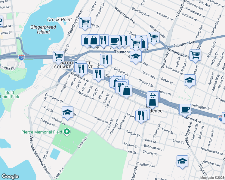 map of restaurants, bars, coffee shops, grocery stores, and more near 200 Warren Avenue in East Providence