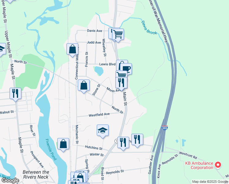 map of restaurants, bars, coffee shops, grocery stores, and more near 25 Morin Avenue in Killingly