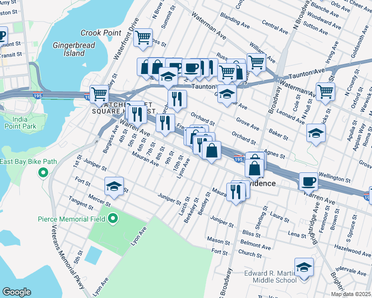 map of restaurants, bars, coffee shops, grocery stores, and more near 192 Warren Avenue in East Providence