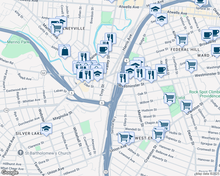 map of restaurants, bars, coffee shops, grocery stores, and more near 7 Dike Street in Providence