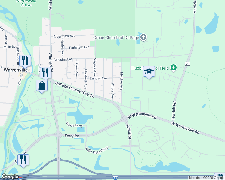 map of restaurants, bars, coffee shops, grocery stores, and more near 664 Wilbur Avenue in Warrenville