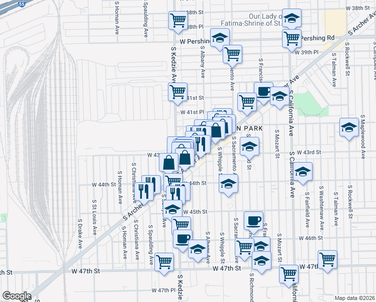 map of restaurants, bars, coffee shops, grocery stores, and more near 3144 West Pope John Paul II Drive in Chicago