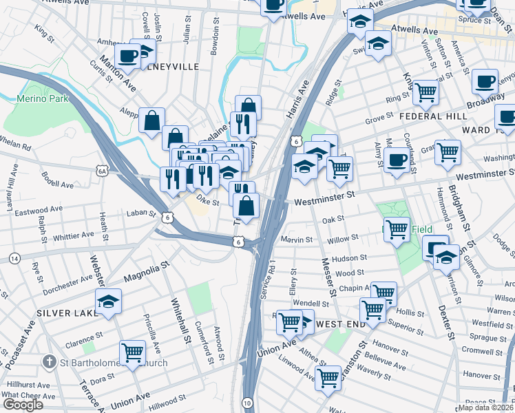 map of restaurants, bars, coffee shops, grocery stores, and more near 7 Dike Street in Providence