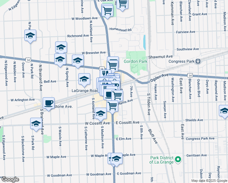 map of restaurants, bars, coffee shops, grocery stores, and more near 7 South La Grange Road in La Grange