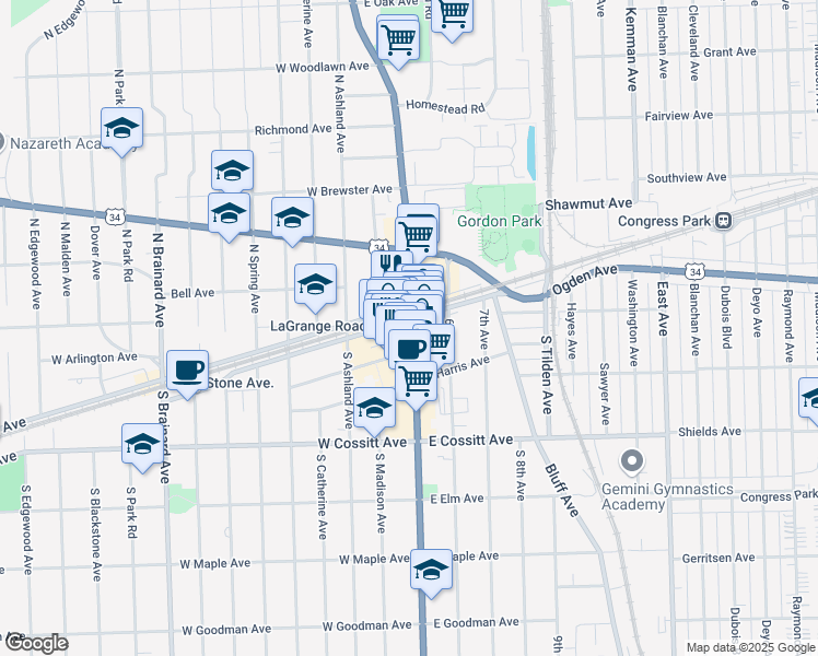 map of restaurants, bars, coffee shops, grocery stores, and more near 8 South La Grange Road in La Grange