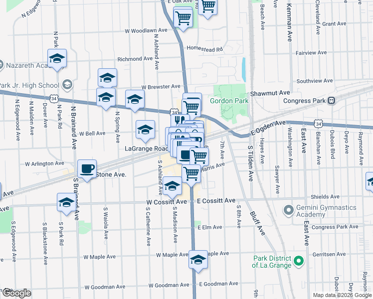 map of restaurants, bars, coffee shops, grocery stores, and more near 4 West Burlington Avenue in La Grange