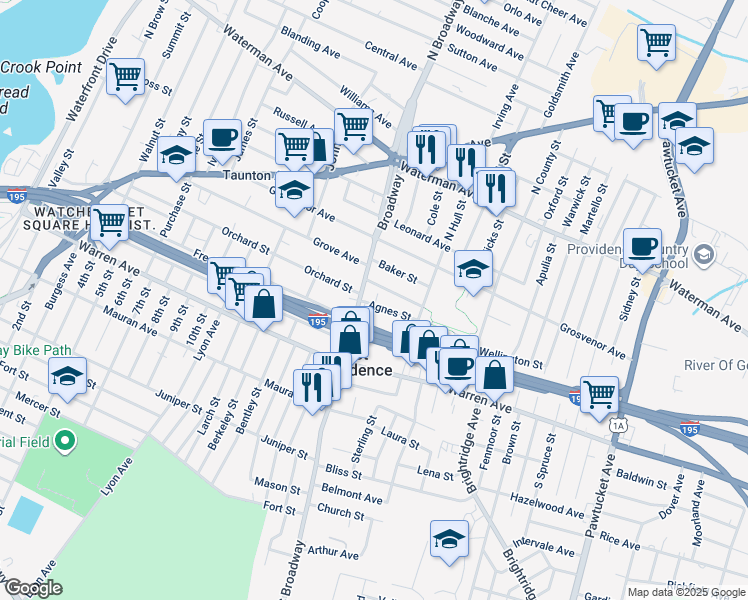 map of restaurants, bars, coffee shops, grocery stores, and more near 40 Agnes Street in East Providence