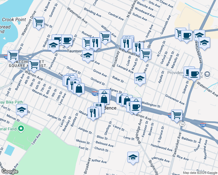 map of restaurants, bars, coffee shops, grocery stores, and more near 935 Broadway in East Providence