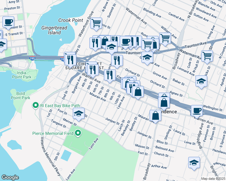 map of restaurants, bars, coffee shops, grocery stores, and more near 15 9th Street in East Providence