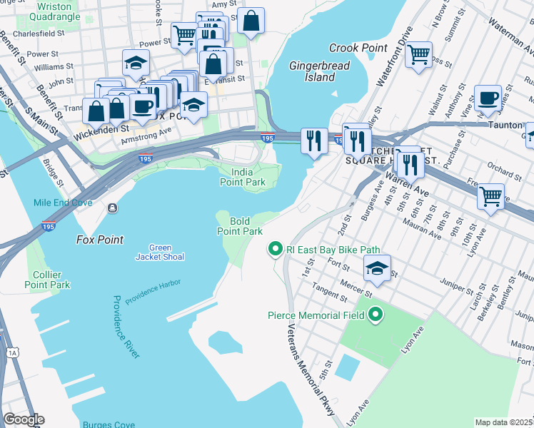 map of restaurants, bars, coffee shops, grocery stores, and more near 2 Pier Road in East Providence