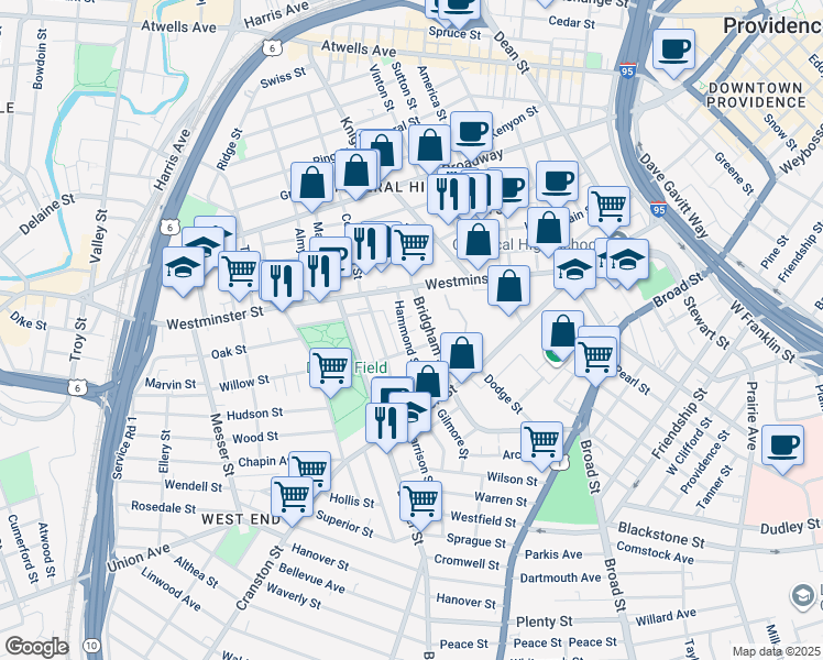 map of restaurants, bars, coffee shops, grocery stores, and more near 30 Hammond Street in Providence