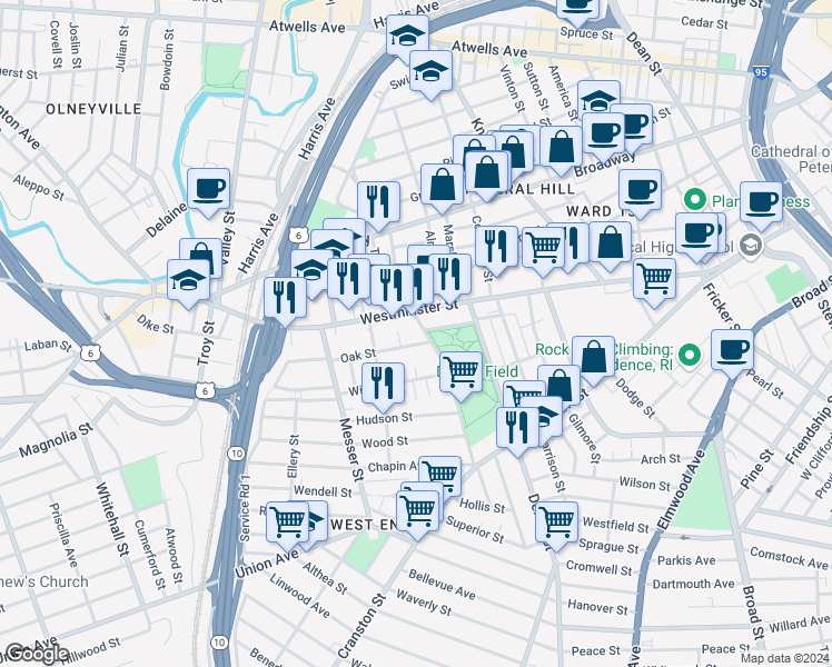 map of restaurants, bars, coffee shops, grocery stores, and more near 25 Parade Street in Providence