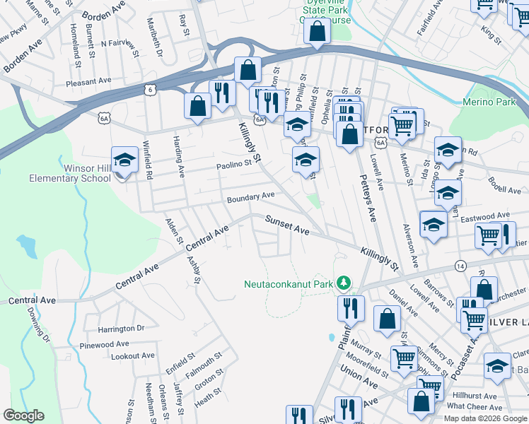 map of restaurants, bars, coffee shops, grocery stores, and more near 95 Sunset Avenue in Providence