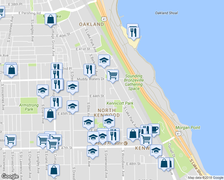 map of restaurants, bars, coffee shops, grocery stores, and more near 4342 South Lake Park Avenue in Chicago