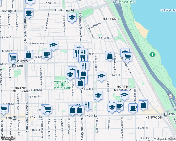 map of restaurants, bars, coffee shops, grocery stores, and more near 818 East 44th Street in Chicago