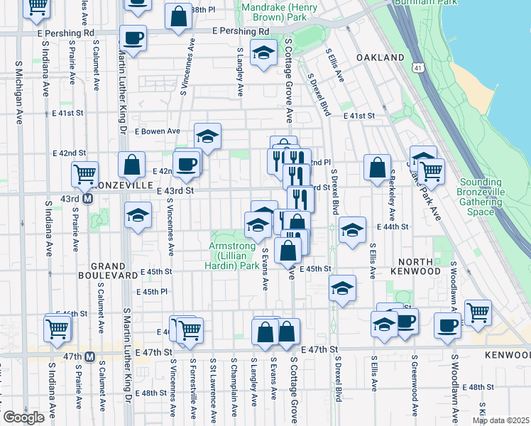 map of restaurants, bars, coffee shops, grocery stores, and more near 4343 South Langley Avenue in Chicago