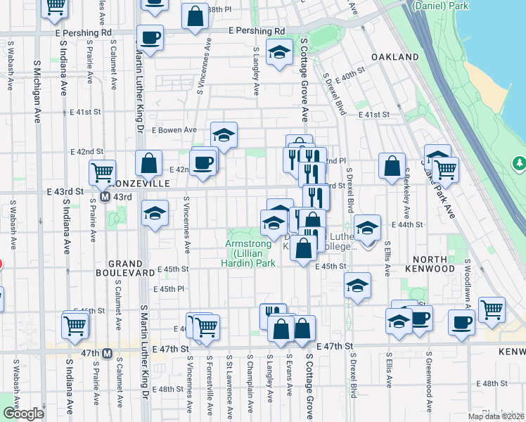 map of restaurants, bars, coffee shops, grocery stores, and more near 4343 South Langley Avenue in Chicago