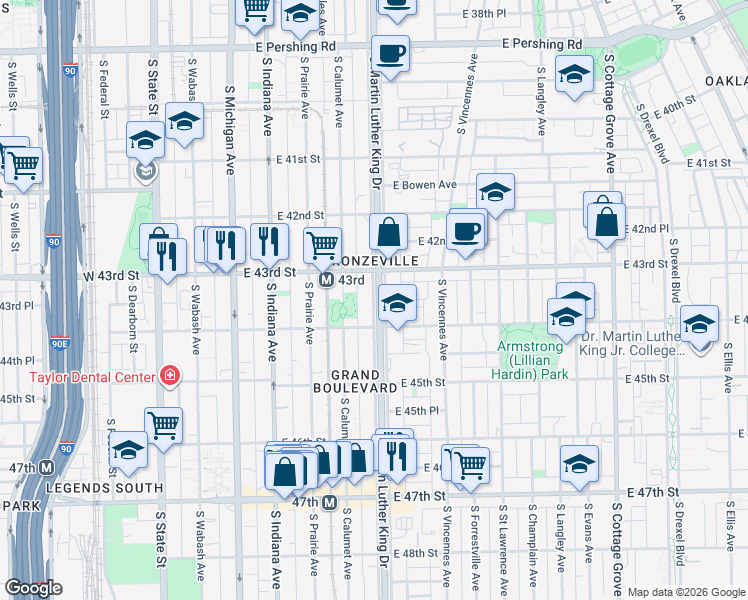 map of restaurants, bars, coffee shops, grocery stores, and more near 4337 South Doctor Martin Luther King Junior Drive in Chicago