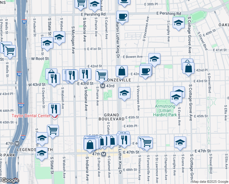 map of restaurants, bars, coffee shops, grocery stores, and more near 4337 South Calumet Avenue in Chicago
