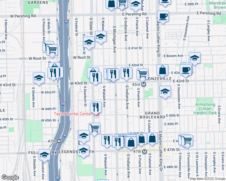 map of restaurants, bars, coffee shops, grocery stores, and more near 4339 South Wabash Avenue in Chicago