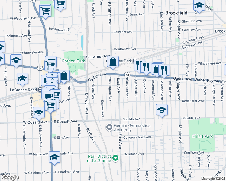 map of restaurants, bars, coffee shops, grocery stores, and more near 121 Washington Avenue in La Grange
