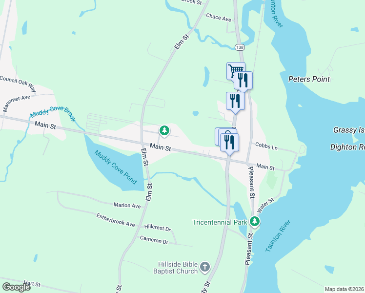 map of restaurants, bars, coffee shops, grocery stores, and more near 352 Main Street in Dighton