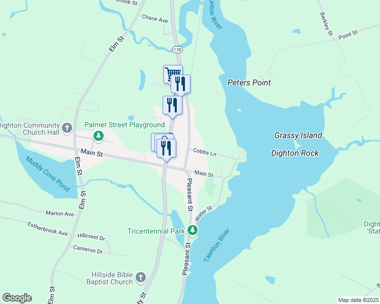 map of restaurants, bars, coffee shops, grocery stores, and more near 2043 Somerset Avenue in Dighton