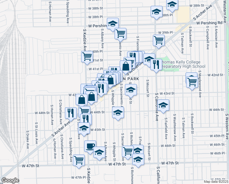 map of restaurants, bars, coffee shops, grocery stores, and more near 3022 West Pope John Paul II Drive in Chicago
