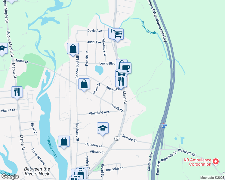 map of restaurants, bars, coffee shops, grocery stores, and more near Morin Avenue & Wheatley Street in Killingly