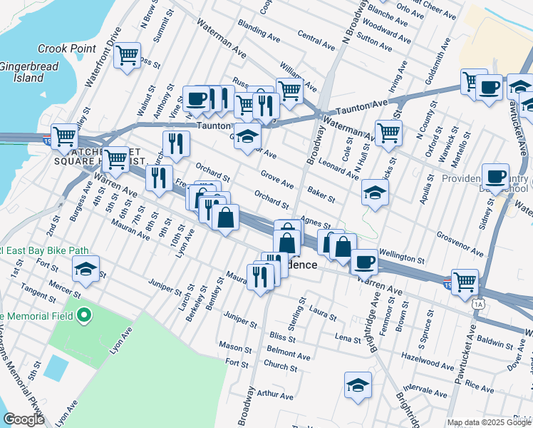 map of restaurants, bars, coffee shops, grocery stores, and more near 218 Freeborn Avenue in East Providence